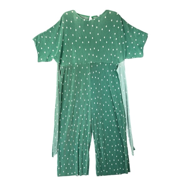 ASOS DESIGN Plisse Tie Front Jumpsuit in Green White Polka Dot Wide Leg Size 12P - Picture 2 of 10